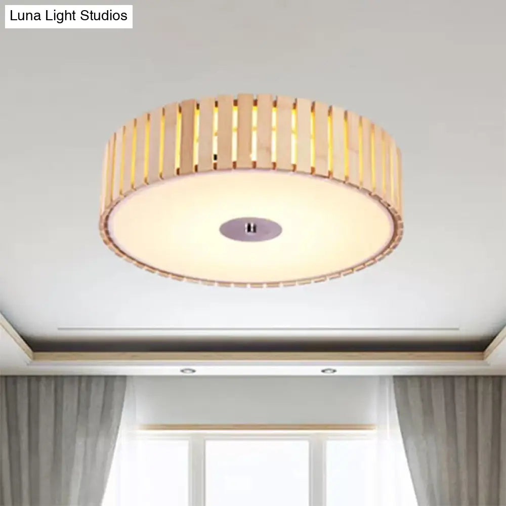 Modern Bamboo Flush Mount Led Ceiling Light 15’/19’ W Beige Drum Shade Fixture For Living Room