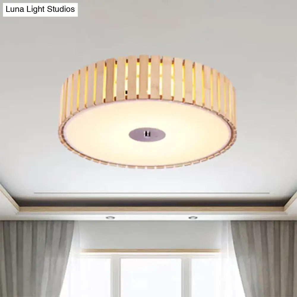 Modern Bamboo Flush Mount Led Ceiling Light 15/19 W Beige Drum Shade Fixture For Living Room