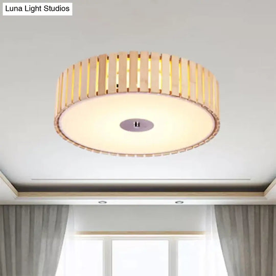 Modern Bamboo Flush Mount Led Ceiling Light 15/19 W Beige Drum Shade Fixture For Living Room