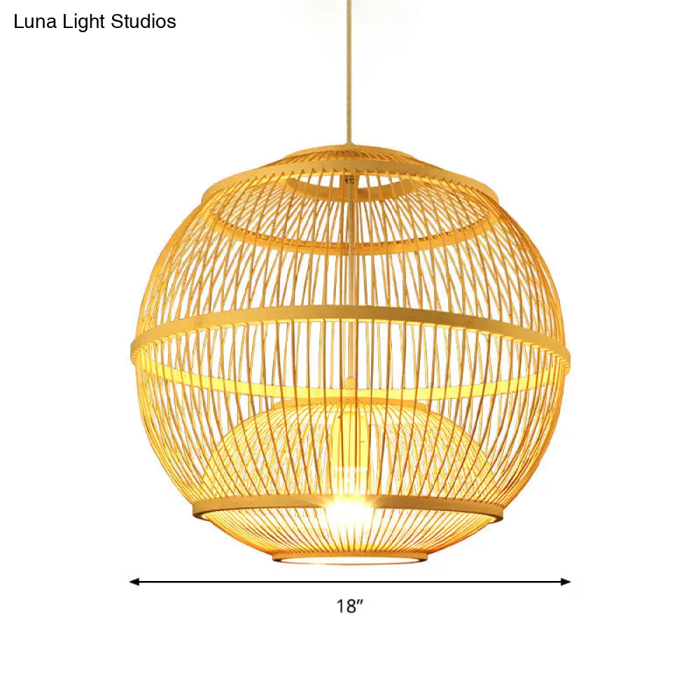 Modern Bamboo Globe Pendant Light - Beige Suspension Ceiling Lamp