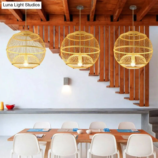 Modern Bamboo Globe Pendant Light - Beige Suspension Ceiling Lamp