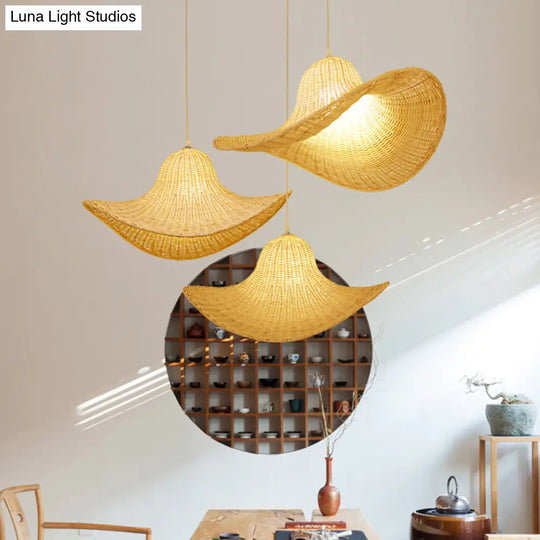 Modern Bamboo Hanging Pendant Lamp For Dining Room - Beige Cap Shape 1 Light