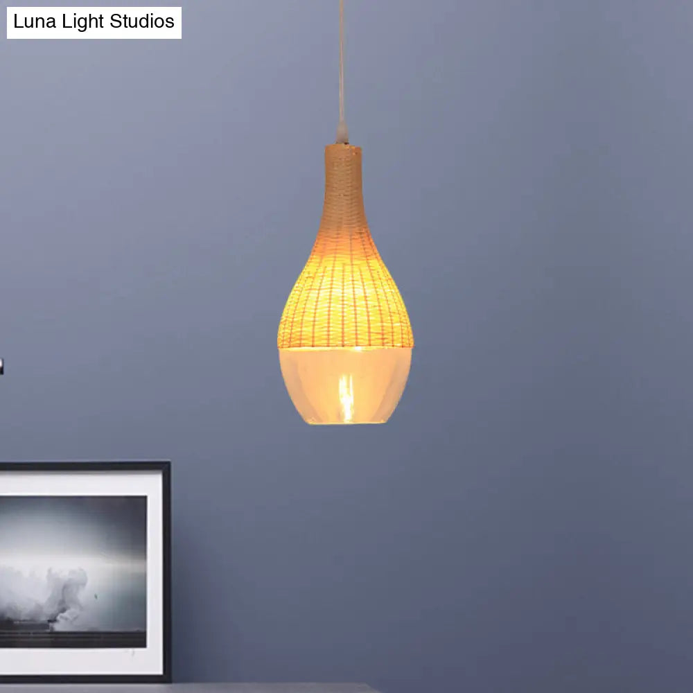 Bamboo Hanging Pendant Single Light Yellow Lamp With Clear Glass Shade - Teardrop/Onion Design 6/10