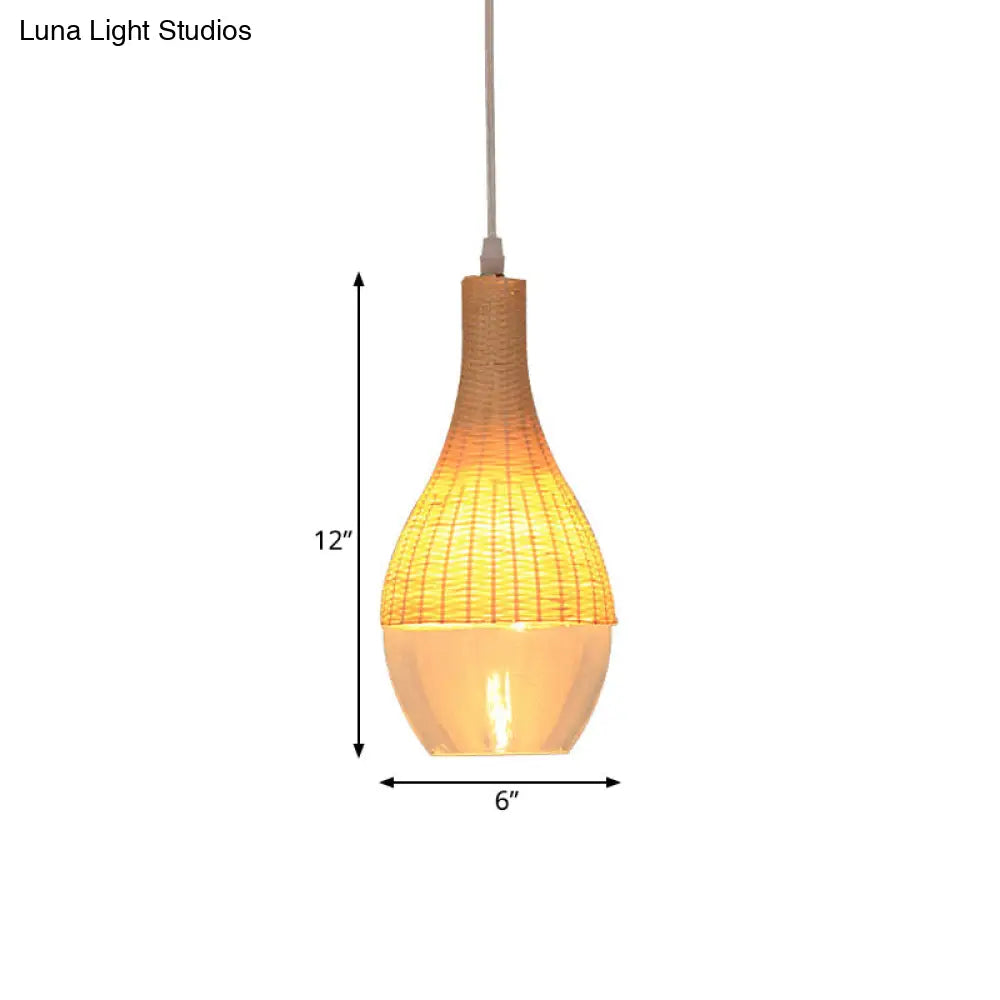 Bamboo Hanging Pendant Single Light Yellow Lamp With Clear Glass Shade - Teardrop/Onion Design 6/10