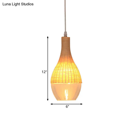 Bamboo Hanging Pendant Single Light Yellow Lamp With Clear Glass Shade - Teardrop/Onion Design 6/10