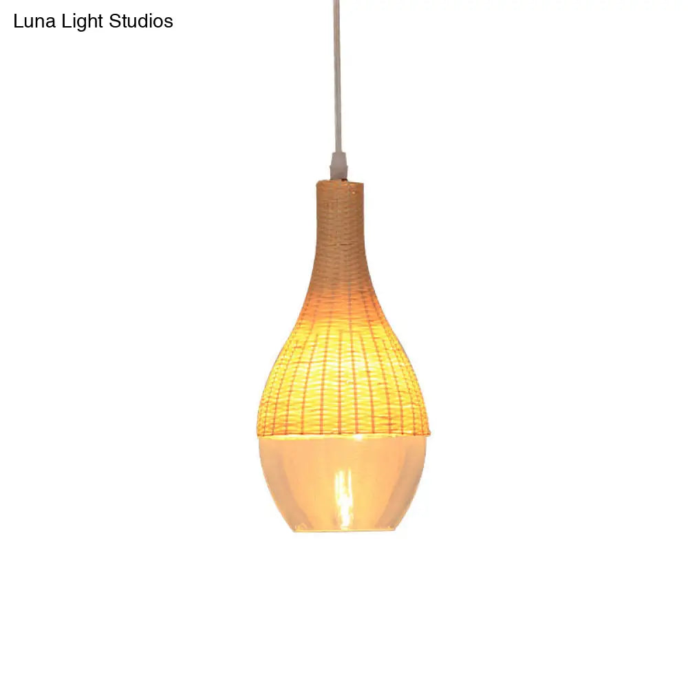 Bamboo Hanging Pendant Single Light Yellow Lamp With Clear Glass Shade - Teardrop/Onion Design 6/10