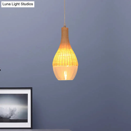 Modern Bamboo Hanging Pendant Light - 6’/10’ Wide Teardrop/Onion Single Yellow Suspension Lamp