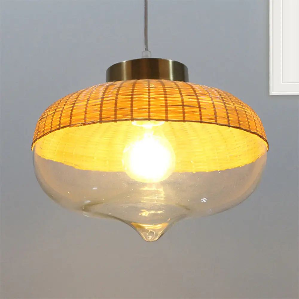 Modern Bamboo Hanging Pendant Light - 6’/10’ Wide Teardrop/Onion Single Yellow Suspension Lamp