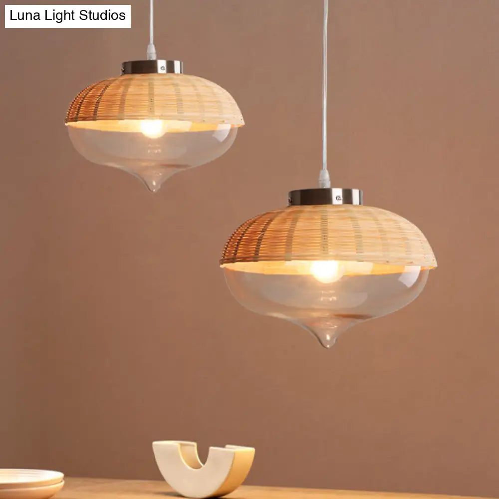 Modern Bamboo Hanging Pendant Light - 6’/10’ Wide Teardrop/Onion Single Yellow Suspension Lamp