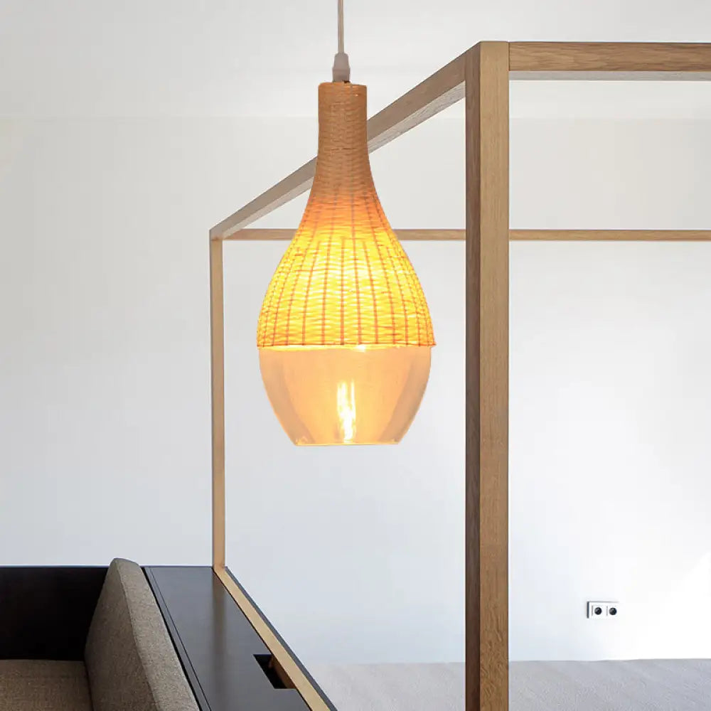 Modern Bamboo Hanging Pendant Light - 6’/10’ Wide Teardrop/Onion Single Yellow Suspension Lamp