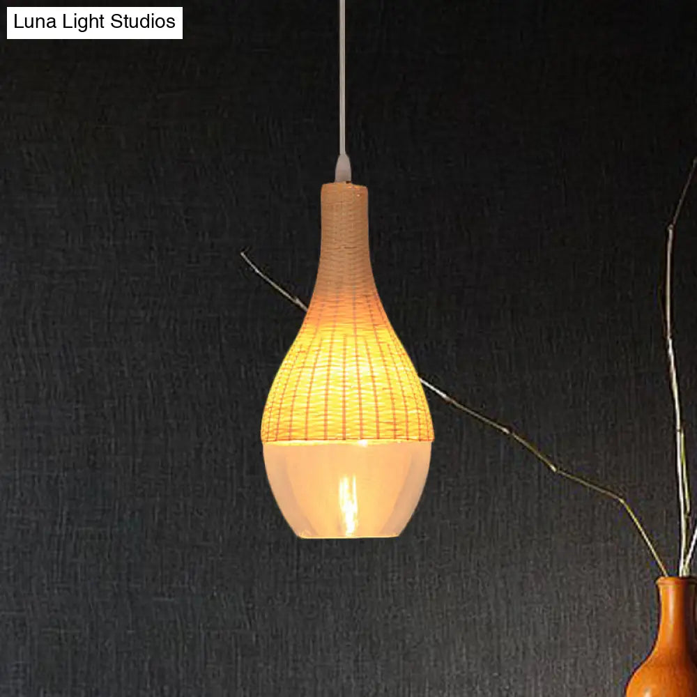 Modern Bamboo Hanging Pendant Light - 6’/10’ Wide Teardrop/Onion Single Yellow Suspension Lamp