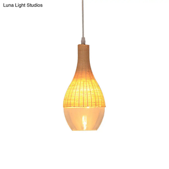 Modern Bamboo Hanging Pendant Light - 6’/10’ Wide Teardrop/Onion Single Yellow Suspension Lamp