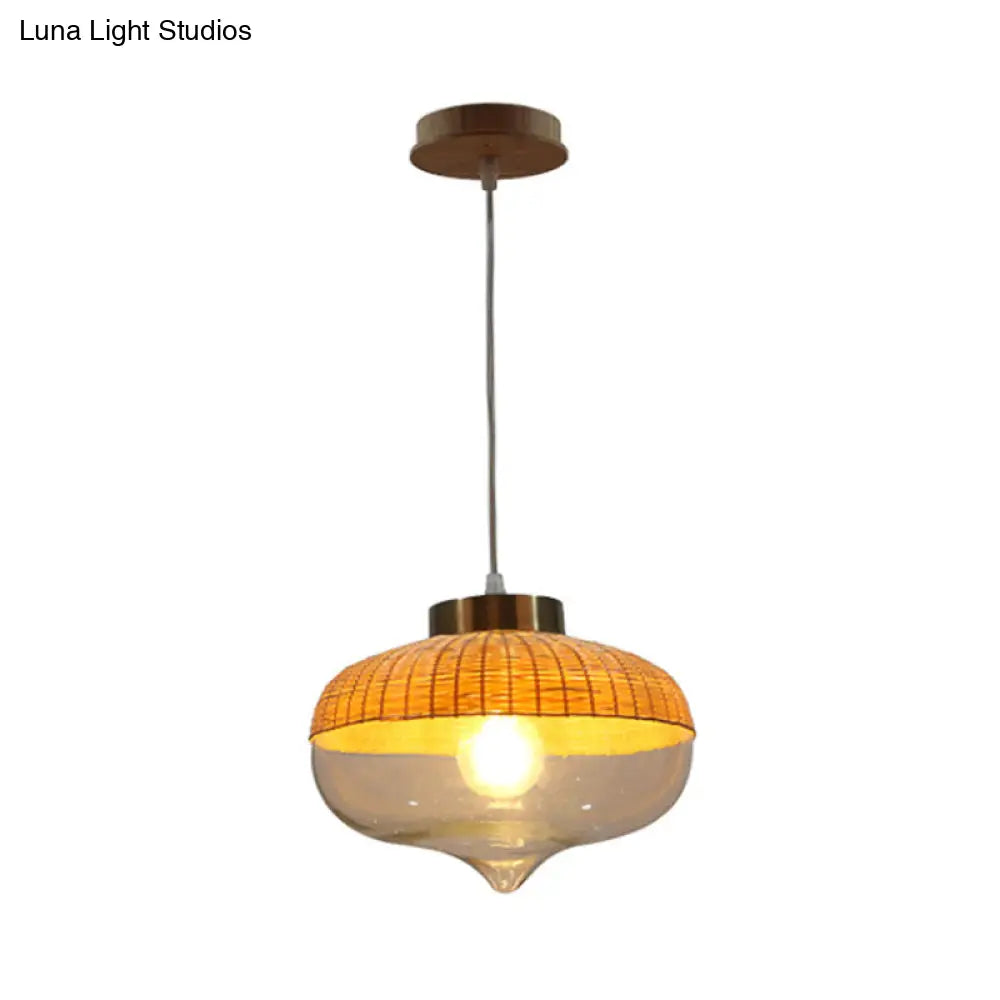 Modern Bamboo Hanging Pendant Light - 6’/10’ Wide Teardrop/Onion Single Yellow Suspension Lamp