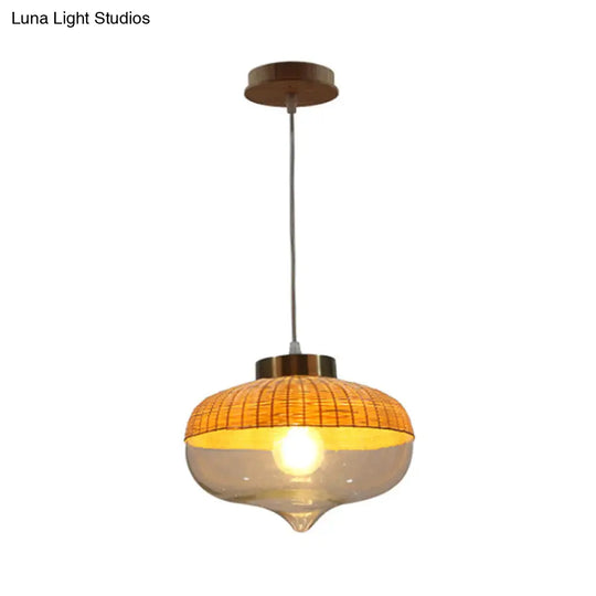 Modern Bamboo Hanging Pendant Light - 6’/10’ Wide Teardrop/Onion Single Yellow Suspension Lamp