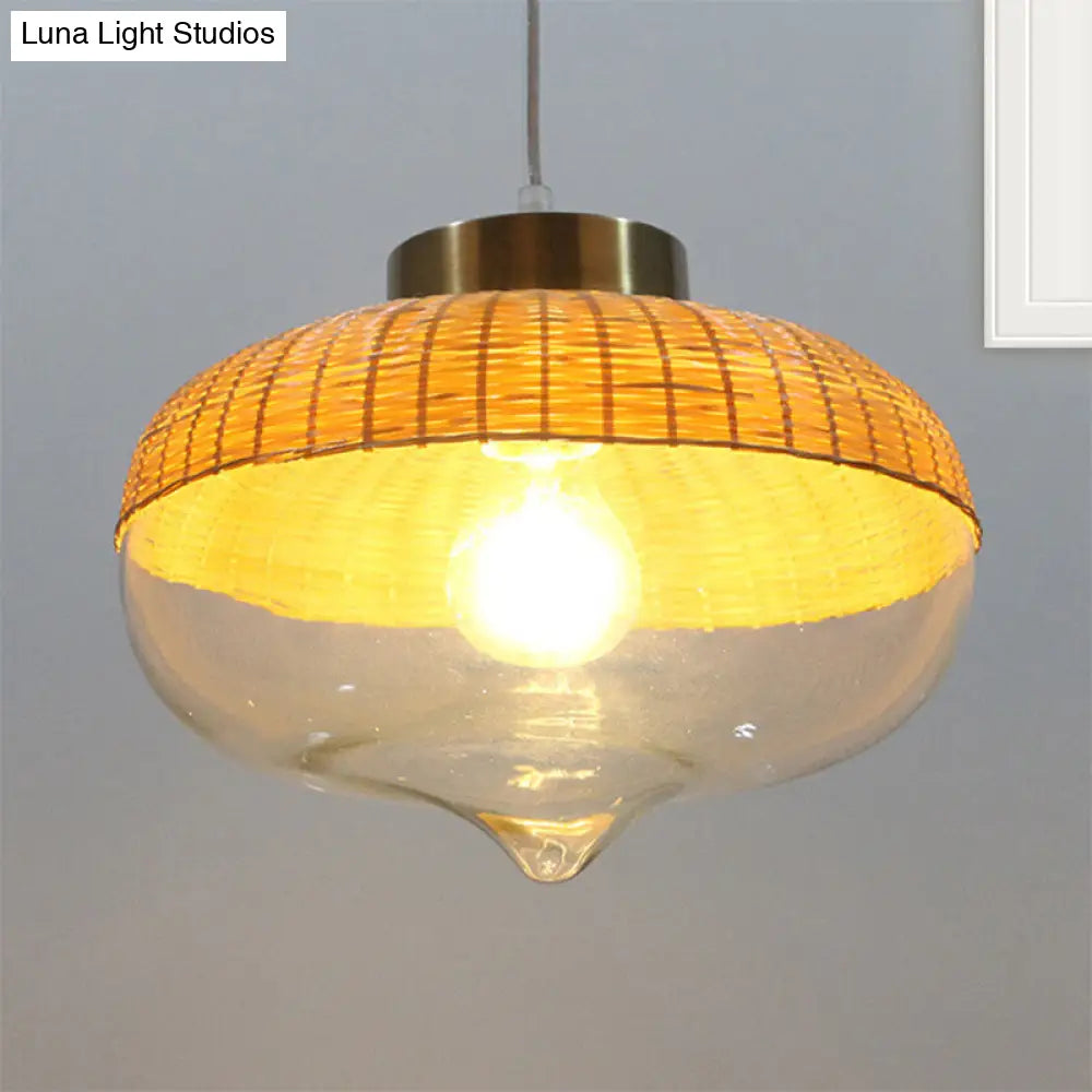 Bamboo Hanging Pendant Single Light Yellow Lamp With Clear Glass Shade - Teardrop/Onion Design 6/10