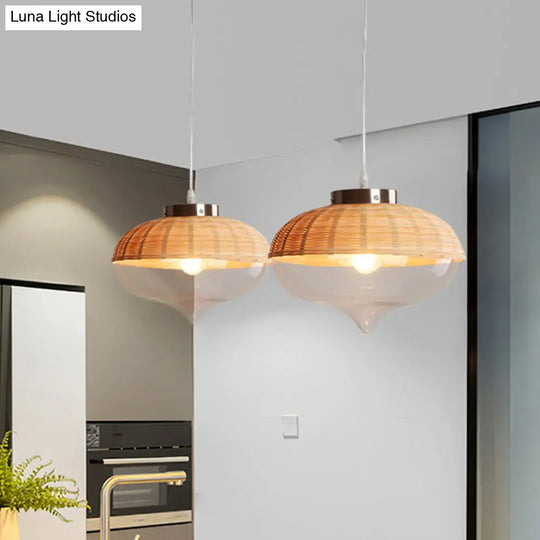 Modern Bamboo Hanging Pendant Light - 6’/10’ Wide Teardrop/Onion Single Yellow Suspension Lamp