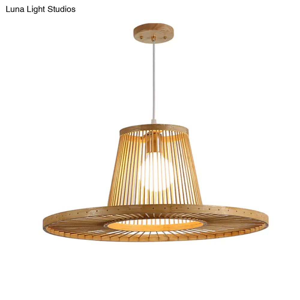 Modern Bamboo Hat Pendant Light - Beige Dining Room Pendulum 1 Head