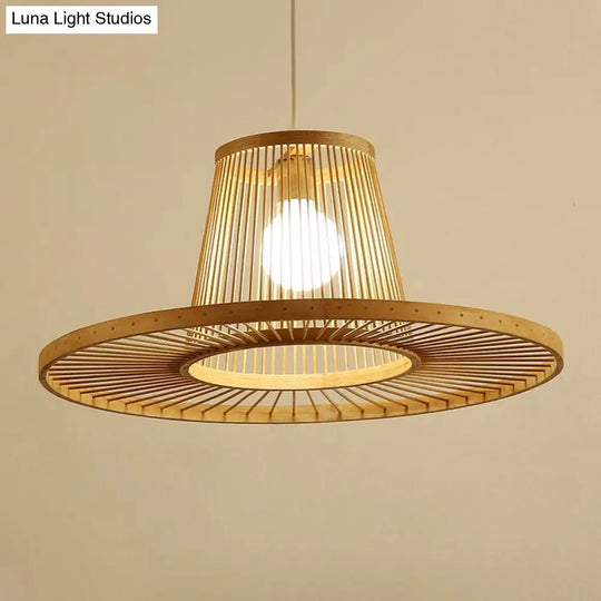 Modern Bamboo Hat Pendant Light - Beige Dining Room Pendulum 1 Head