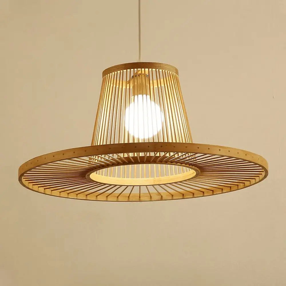 Modern Bamboo Hat Pendant Light - Beige Dining Room Pendulum 1 Head