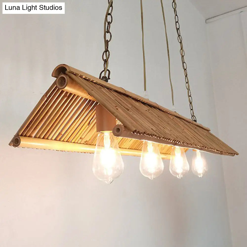 Modern Bamboo Island Pendant Light Fixture With Triangle Roof Design - Wood Ceiling Lighting