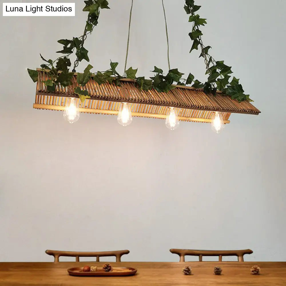 Modern Bamboo Island Pendant Light Fixture With Triangle Roof Design - Wood Ceiling Lighting