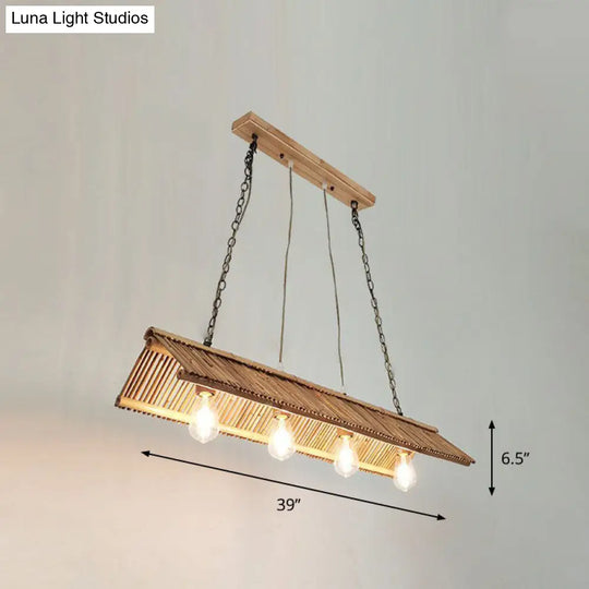 Modern Bamboo Island Pendant Light Fixture With Triangle Roof Design - Wood Ceiling Lighting