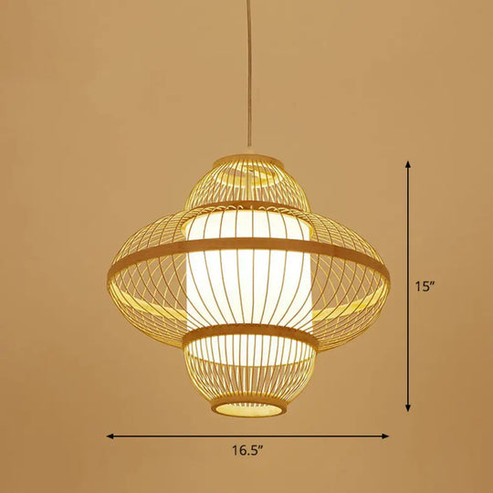 Modern Bamboo Lantern Pendant Light For Restaurants - Single Wood Hanging Ceiling Fixture / 16.5