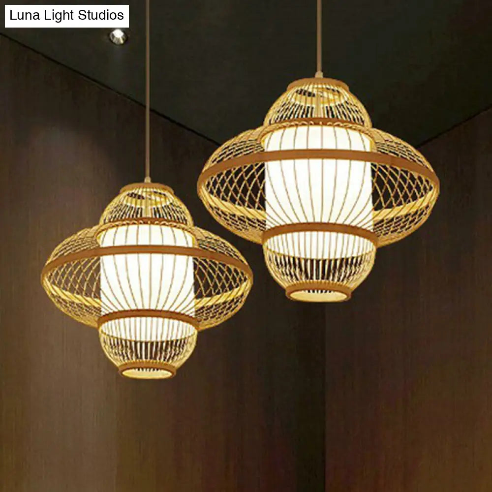 Modern Bamboo Lantern Pendant Light For Restaurants - Single Wood Hanging Ceiling Fixture