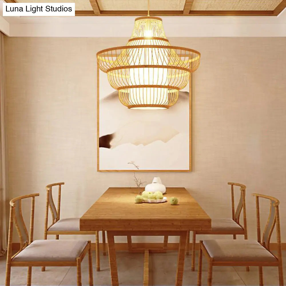 Modern Bamboo Lantern Pendant Light With Shaded Restaurant Ceiling Design - Wood