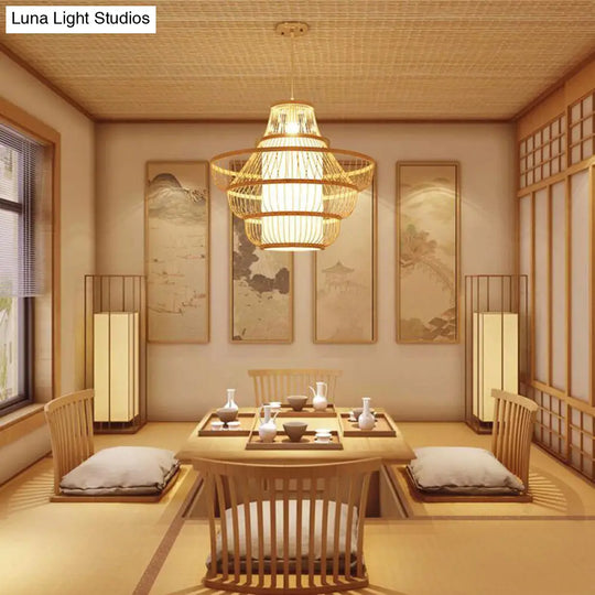 Modern Bamboo Lantern Pendant Light With Shaded Restaurant Ceiling Design - Wood