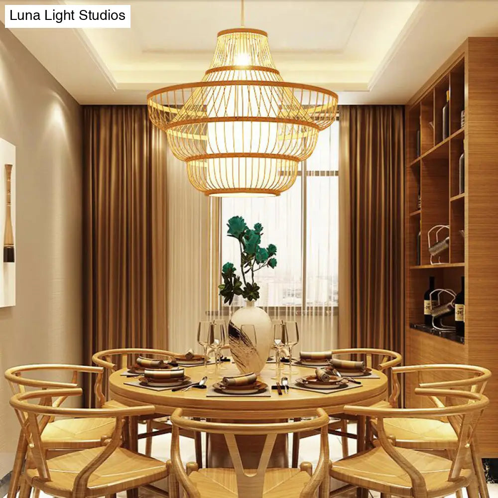 Modern Bamboo Lantern Pendant Light With Shaded Restaurant Ceiling Design - Wood