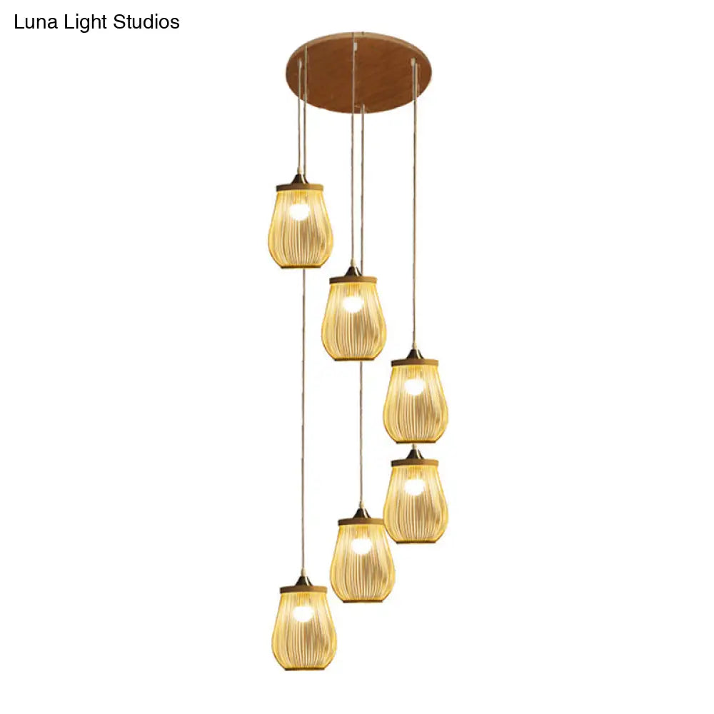 Modern Bamboo Pear Pendant Light For Staircase - Wood Hanging Lighting