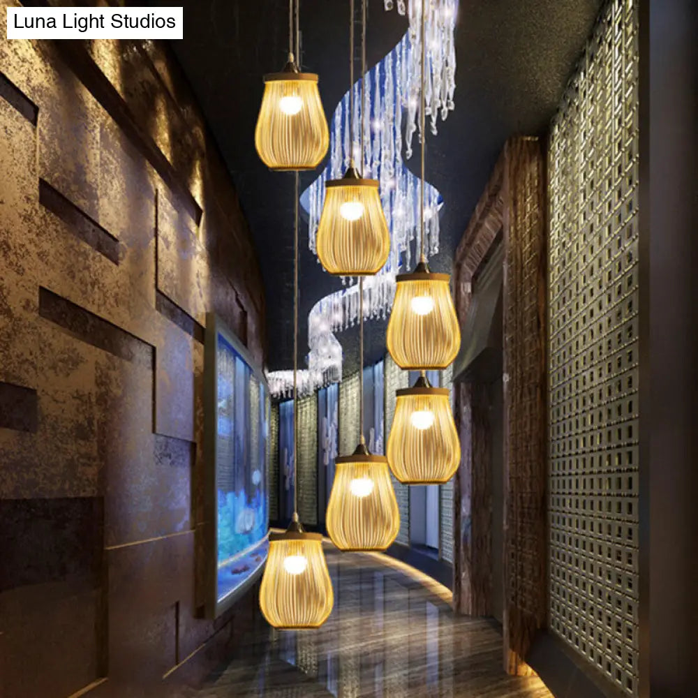 Bamboo Pear-Shaped Multi-Light Pendant: Modern Wood Staircase Lighting