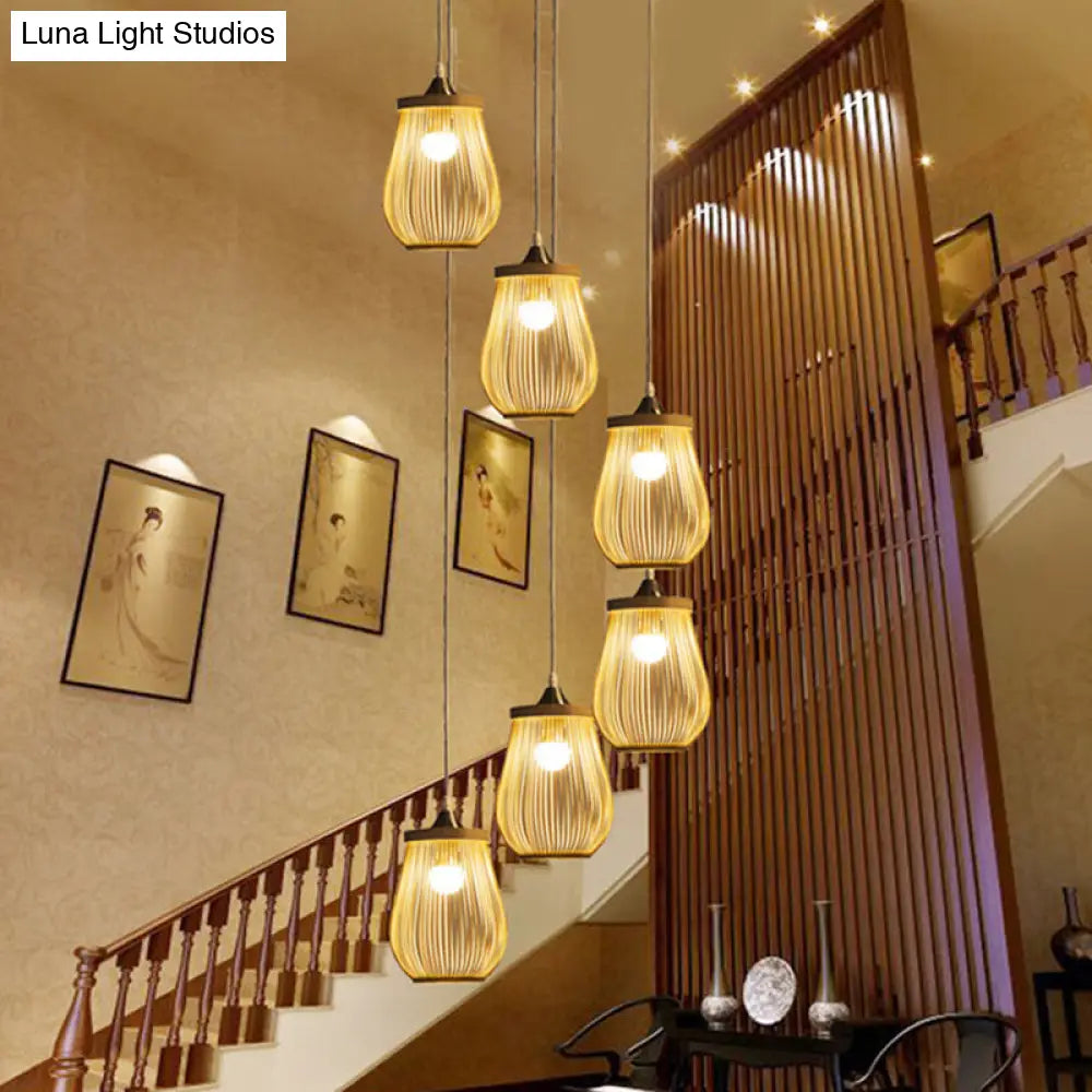 Bamboo Pear-Shaped Multi-Light Pendant: Modern Wood Staircase Lighting