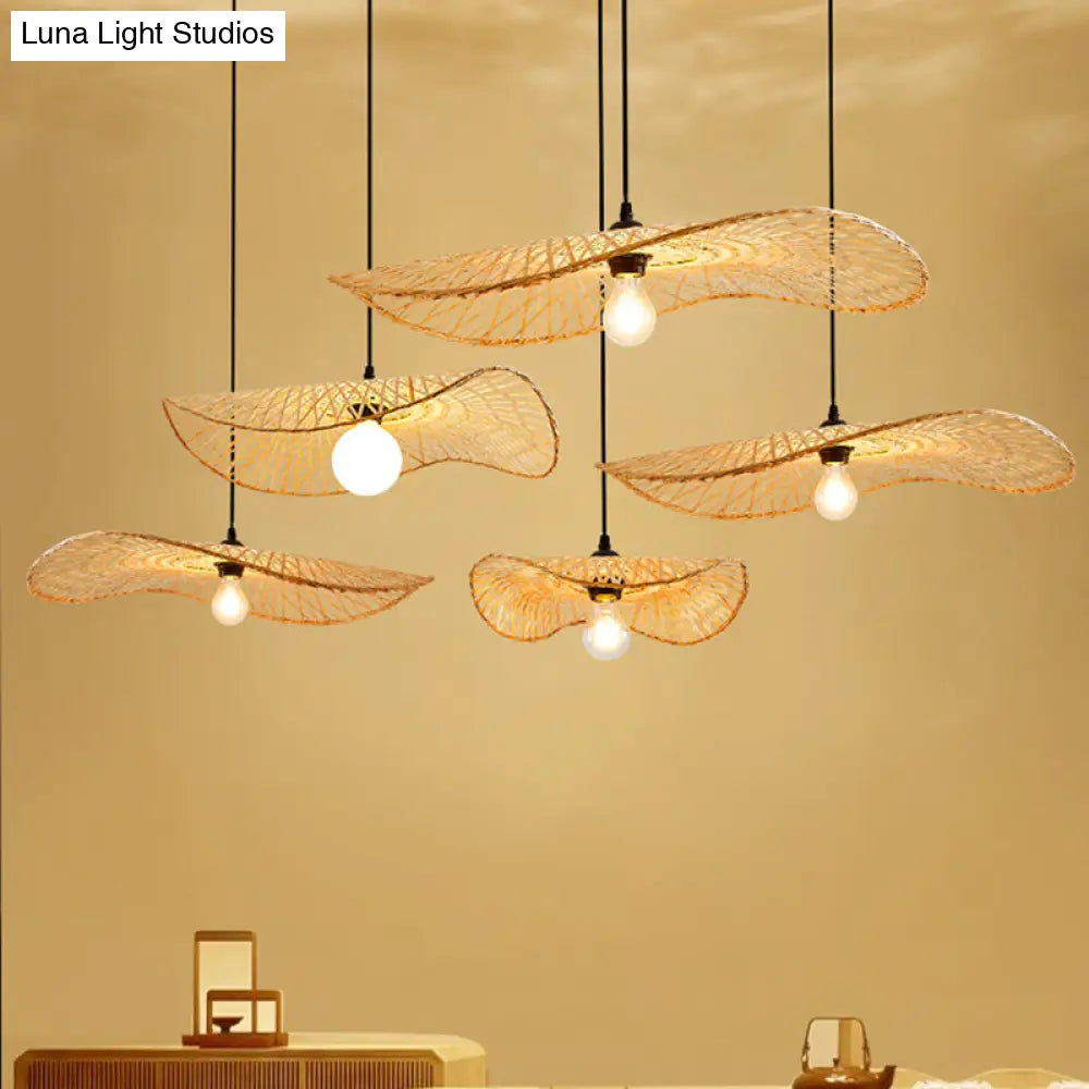 Modern Bamboo Pendant Ceiling Light - Wood Lotus Leaf Design For Restaurants