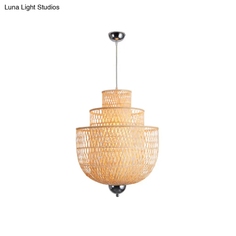 Modern Bamboo Pendant Lamp With Inverted 3-Layers And 1 Light - Perfect For Restaurants