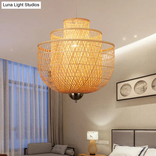 Modern Bamboo Pendant Lamp With Inverted 3-Layers And 1 Light - Perfect For Restaurants