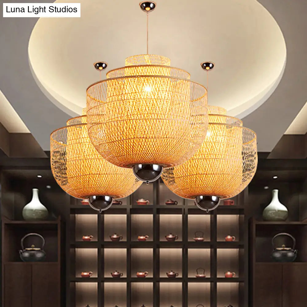 Modern Inverted Bamboo Pendant Lamp For Restaurant - 3 Layers 1 Light Beige 18-31.5 W / 31.5