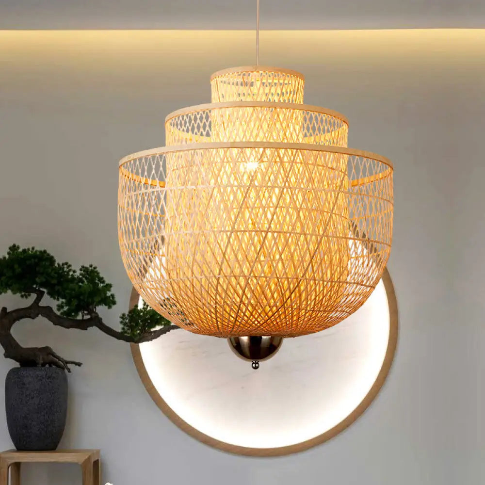 Modern Bamboo Pendant Lamp With Inverted 3-Layers And 1 Light - Perfect For Restaurants