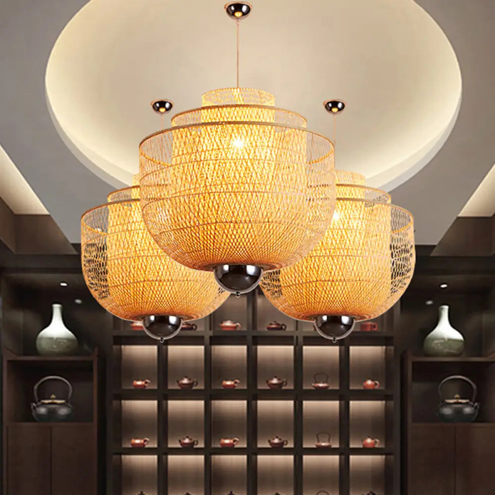 Modern Bamboo Pendant Lamp With Inverted 3-Layers And 1 Light - Perfect For Restaurants