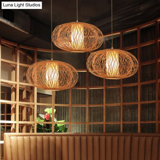 Cross Woven Pendant Bamboo Hanging Lamp Kit - Modern 1 Light Beige Fixture For Dining Room