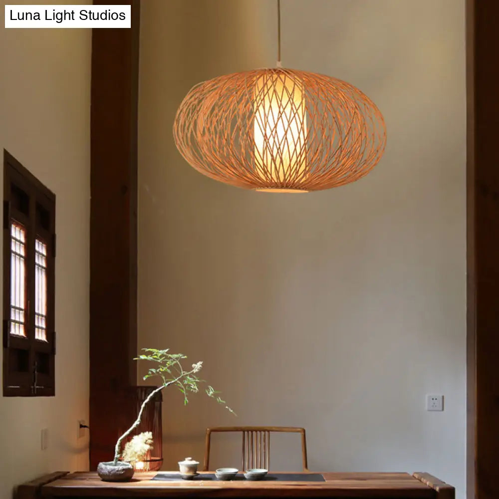 Cross Woven Pendant Bamboo Hanging Lamp Kit - Modern 1 Light Beige Fixture For Dining Room