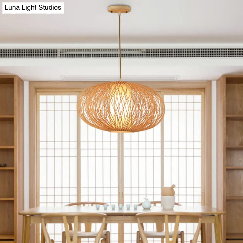 Cross Woven Pendant Bamboo Hanging Lamp Kit - Modern 1 Light Beige Fixture For Dining Room