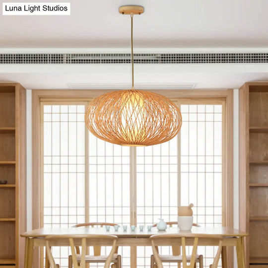 Cross Woven Pendant Bamboo Hanging Lamp Kit - Modern 1 Light Beige Fixture For Dining Room