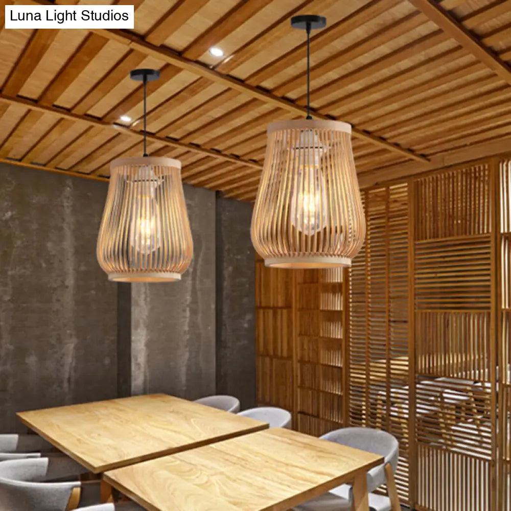 Bamboo Pendant Light - Modern Barrel Design For Dining Room With Down Lighting In Beige