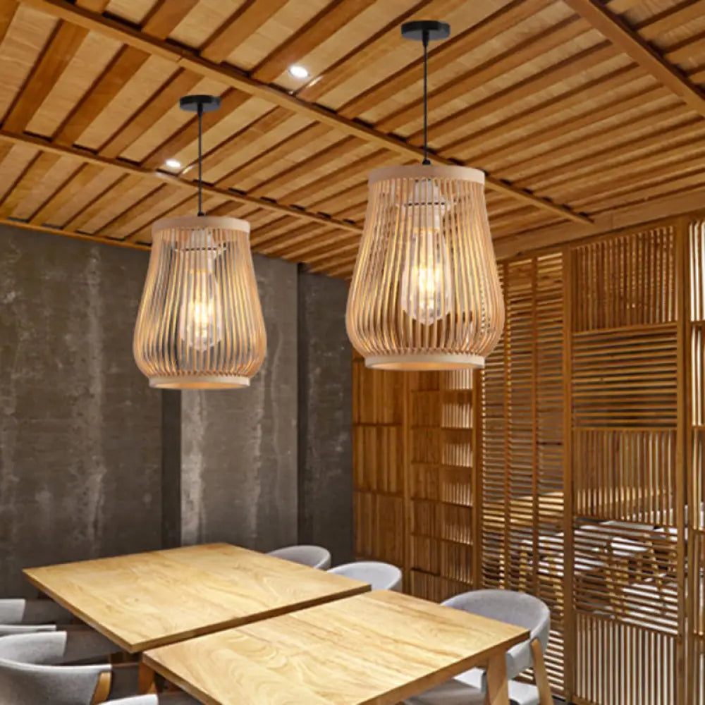 Modern Bamboo Pendant Light In Beige: Barrel Style Down Lighting For Dining Room Beige