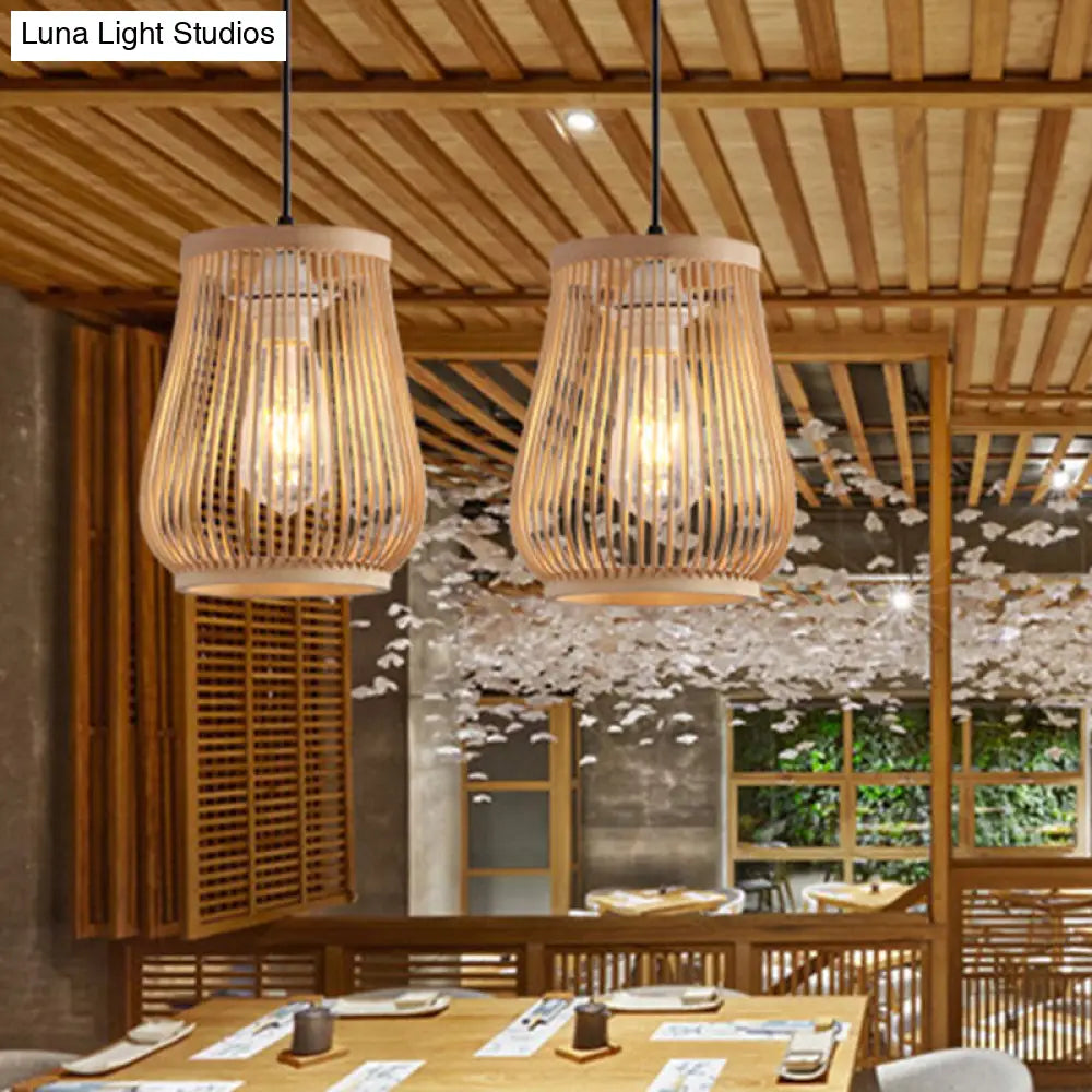 Bamboo Pendant Light - Modern Barrel Design For Dining Room With Down Lighting In Beige