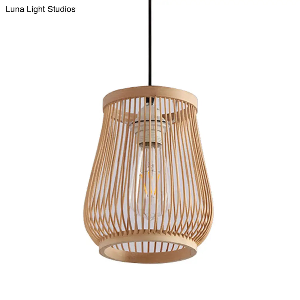 Modern Bamboo Pendant Light In Beige: Barrel Style Down Lighting For Dining Room