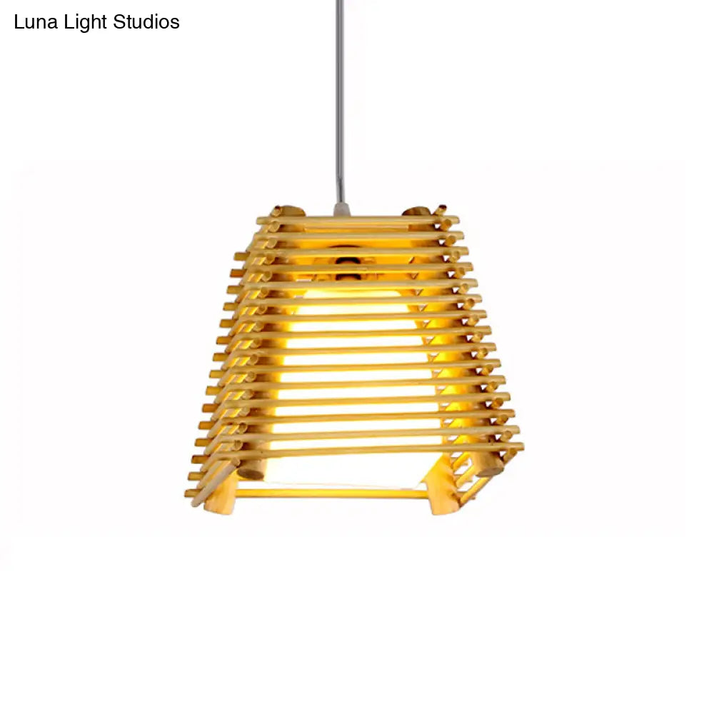 Modern Bamboo Pendant Light With Natural Wood Finish And White Glass Shade