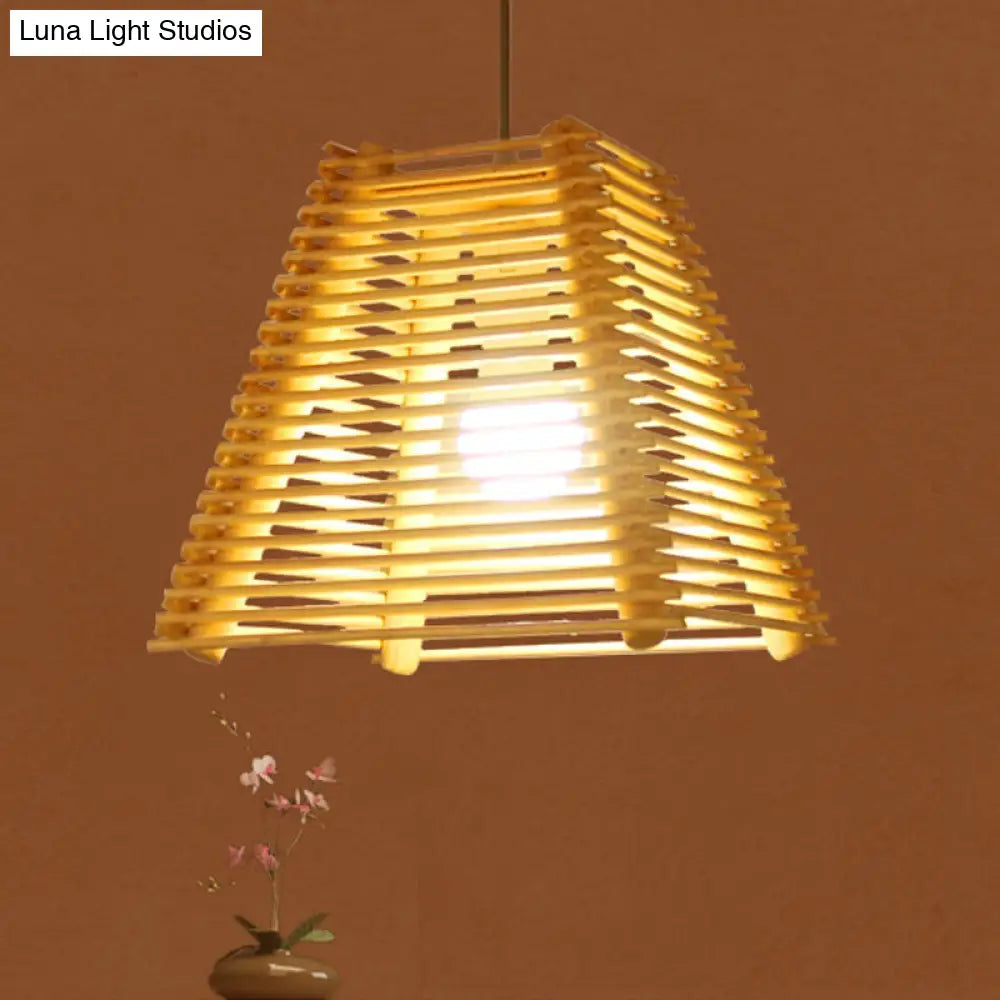 Trapezoid Bamboo Pendant Light With White Glass Shade - Modern Natural Wood Ceiling Fixture